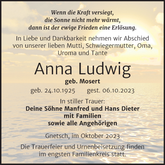 Traueranzeige von Anna Ludwig von Trauerkombi Köthen