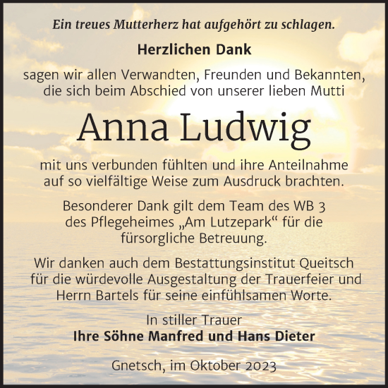 Traueranzeige von Anna Ludwig von Trauerkombi Köthen