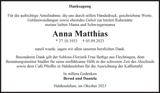 Traueranzeige von Anna Matthias von Volksstimme Haldensleben/Wolmirstedt