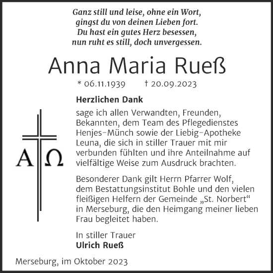 Traueranzeige von Anna Maria Rueß von Mitteldeutsche Zeitung Merseburg/Querfurt