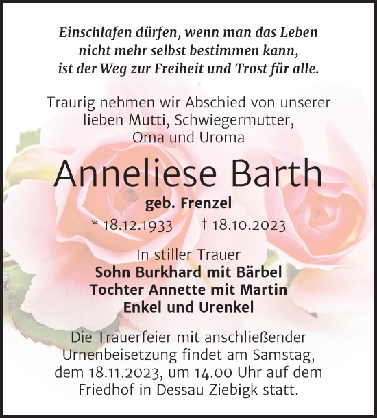 Traueranzeige von Anneliese Barth von Trauerkombi Wittenberg