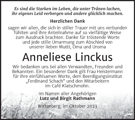 Traueranzeige von Anneliese Linckus von Trauerkombi Wittenberg