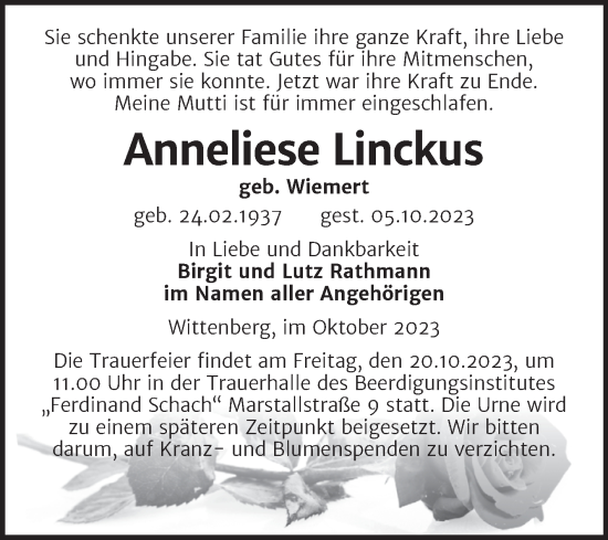 Traueranzeige von Anneliese Linckus von Trauerkombi Wittenberg