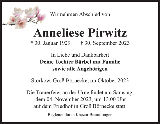 Traueranzeige von Anneliese Pirwitz von Volksstimme Staßfurt