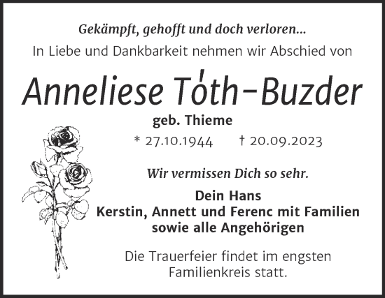 Traueranzeige von Anneliese Toth-Buzder von Trauerkombi Merseburg