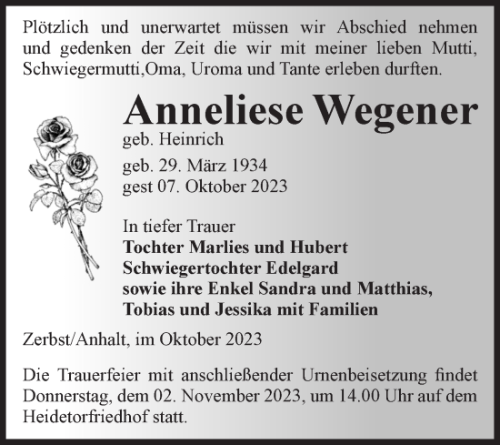 Traueranzeige von Anneliese Wegener von Volksstimme Zerbst