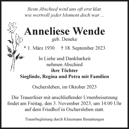 Traueranzeige von Anneliese Wende von Volksstimme Oschersleben/Wanzleben