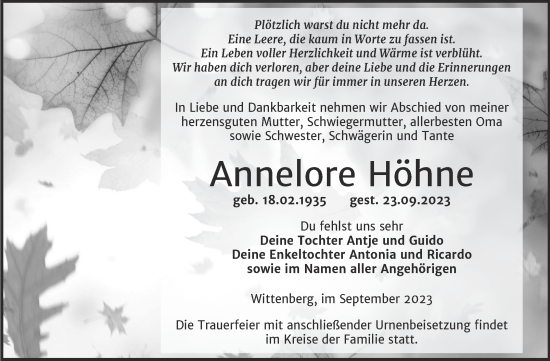 Traueranzeige von Annelore Höhne von Trauerkombi Wittenberg