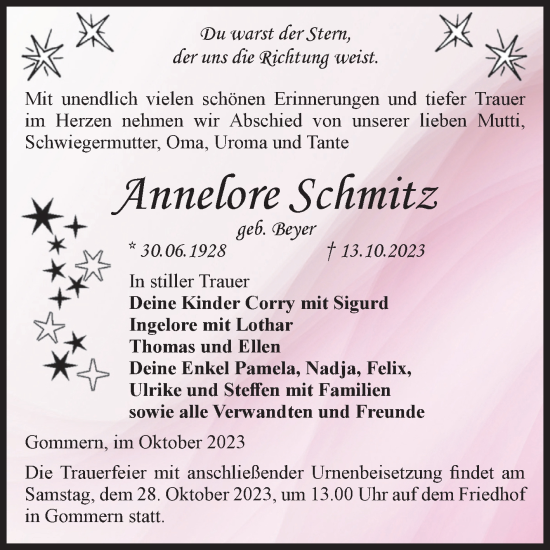 Traueranzeige von Annelore Schmitz von Volksstimme Burg/Genthin