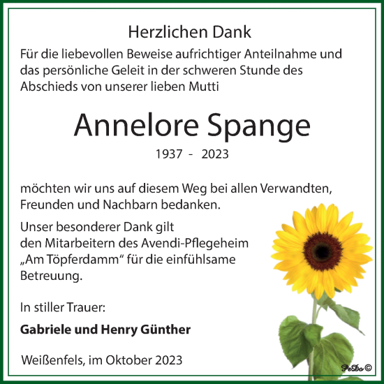 Traueranzeige von Annelore Spange von Trauerkombi Weißenfels