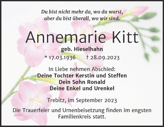 Traueranzeige von Annemarie Kitt von Trauerkombi Wittenberg