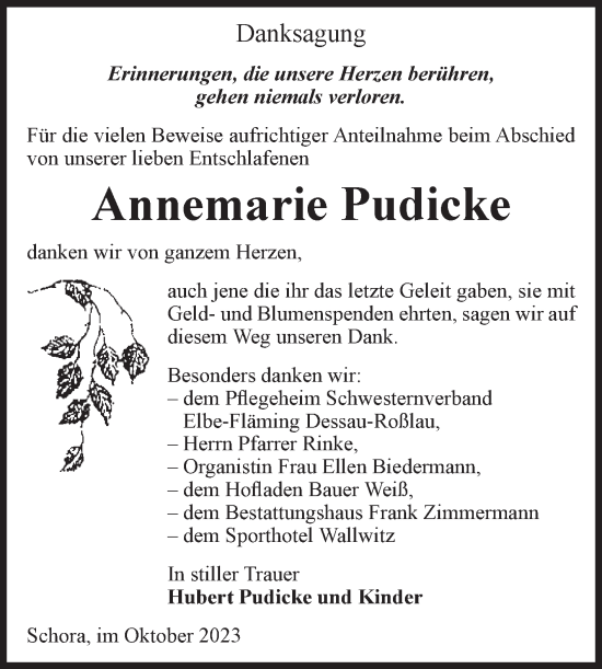 Traueranzeige von Annemarie Pudicke von Volksstimme Zerbst