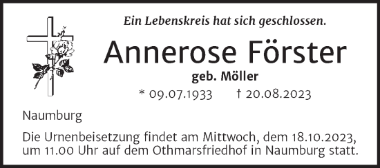 Traueranzeige von Annerose Förster von Wochenspiegel Naumburg/Nebra