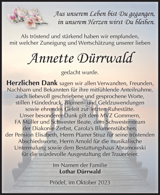 Traueranzeige von Annette Dürrwald von Volksstimme Zerbst