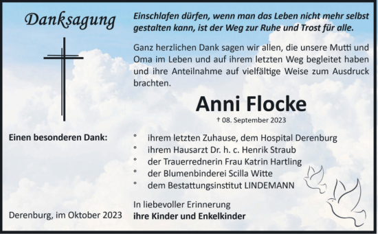 Traueranzeige von Anni Flocke von Volksstimme Wernigerode