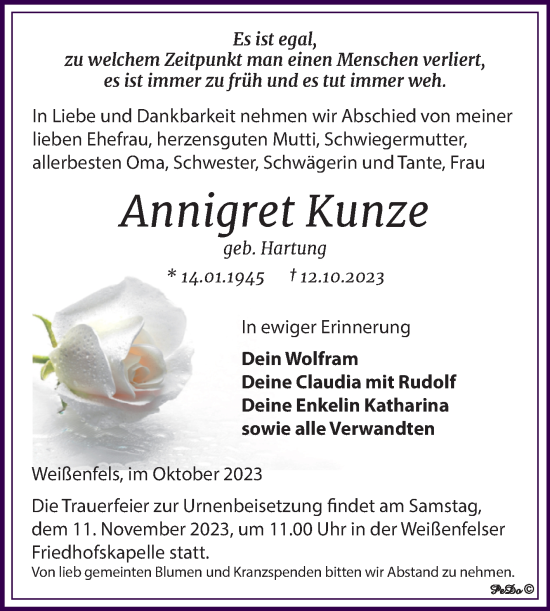 Traueranzeige von Annigret Kunze von Trauerkombi Weißenfels