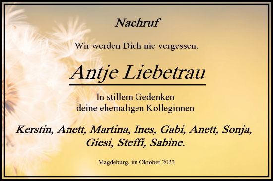 Traueranzeige von Antje Liebetrau von Volksstimme Magdeburg