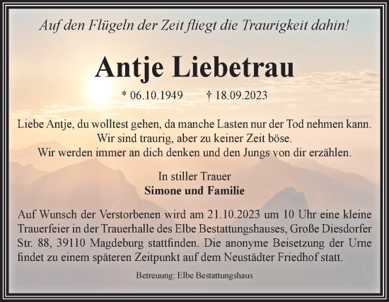 Traueranzeige von Antje Liebetrau von Volksstimme Magdeburg