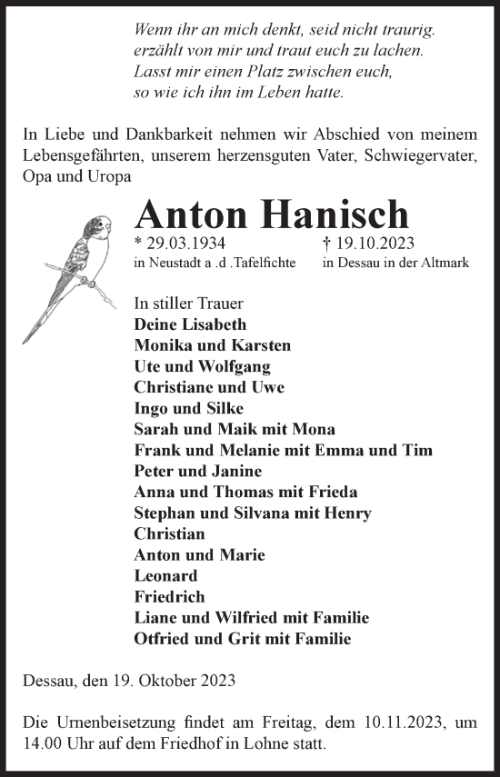 Traueranzeige von Anton Hanisch von Volksstimme Altmark Ost