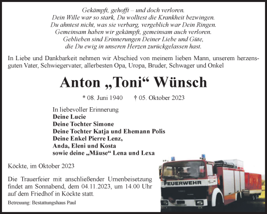 Traueranzeige von Anton Wünsch von Volksstimme Altmark West