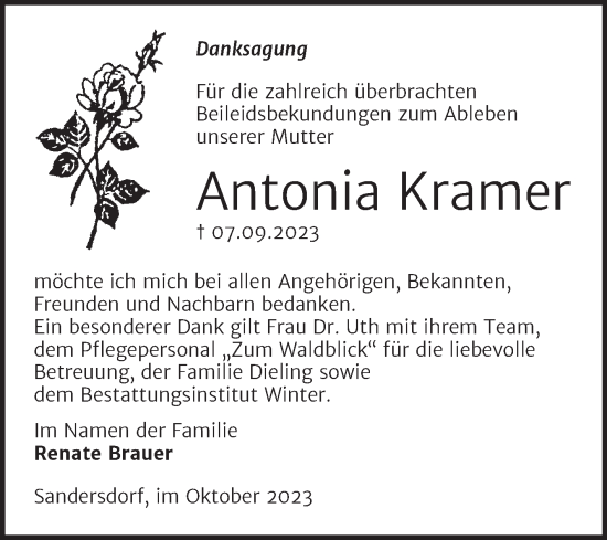 Traueranzeige von Antonia Kramer von Trauerkombi Bitterfeld