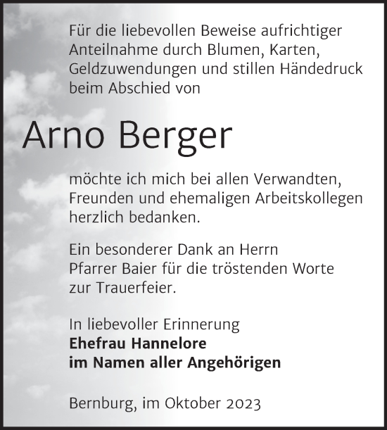 Traueranzeige von Arno Berger von Trauerkombi Bernburg