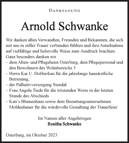 Traueranzeige von Arnold Schwanke von Volksstimme Altmark Ost