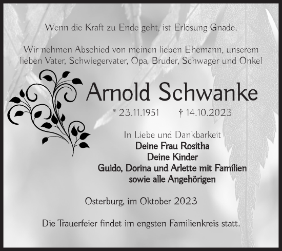 Traueranzeige von Arnold Schwanke von Volksstimme Altmark Ost
