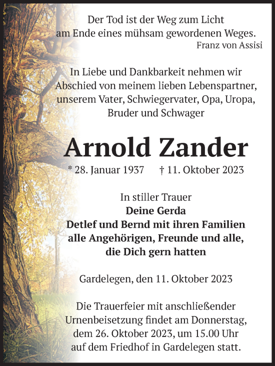 Traueranzeige von Arnold Zander von Volksstimme Altmark West