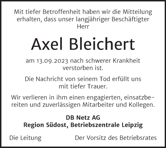 Traueranzeige von Axel Bleichert von Mitteldeutsche Zeitung Halle/Saalkreis