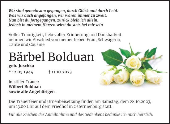 Traueranzeige von Bärbel Bolduan von Trauerkombi Köthen