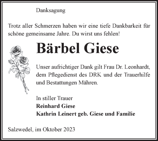 Traueranzeige von Bärbel Giese von Volksstimme Altmark West