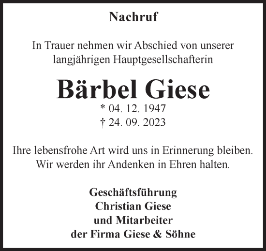 Traueranzeige von Bärbel Giese 