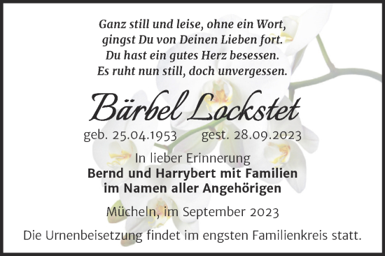 Traueranzeige von Bärbel Lockstet von Trauerkombi Merseburg