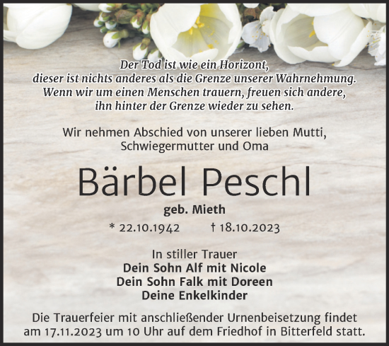 Traueranzeige von Bärbel Peschl von Trauerkombi Bitterfeld