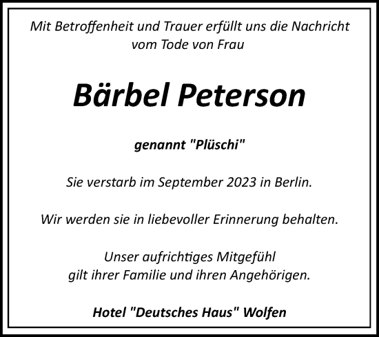 Traueranzeige von Bärbel Peterson von Wochenspiegel Bitterfeld