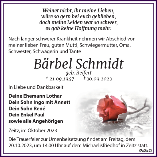 Traueranzeige von Bärbel Schmidt von Trauerkombi Zeitz