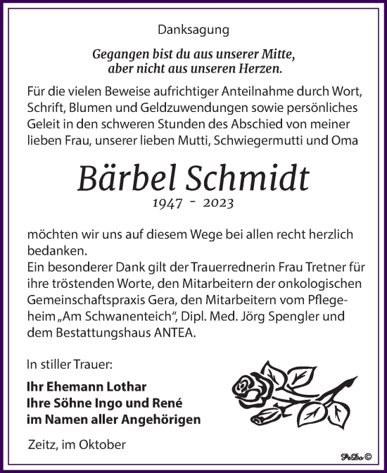 Traueranzeige von Bärbel Schmidt von Trauerkombi Zeitz