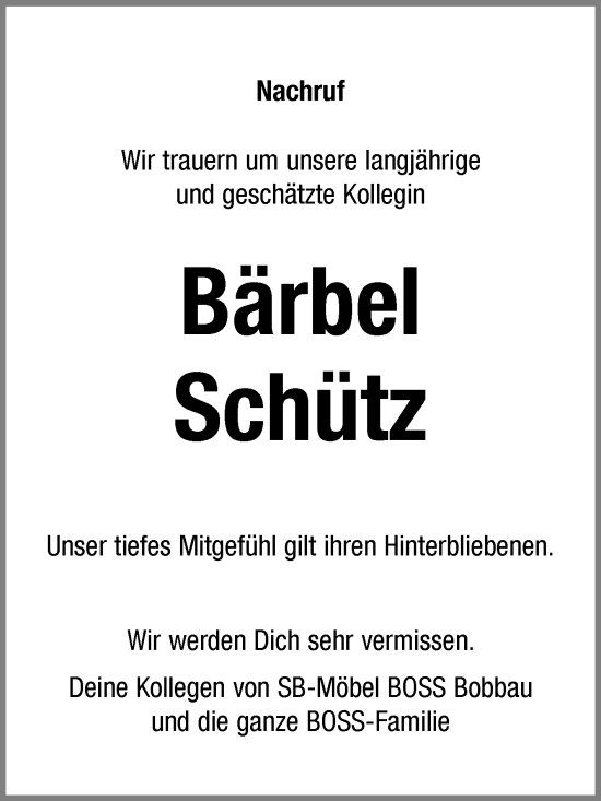 Traueranzeige von Bärbel Schütz von Mitteldeutsche Zeitung Bitterfeld