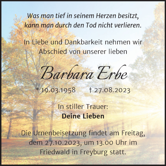 Traueranzeige von Barbara Erbe von Wochenspiegel Naumburg/Nebra