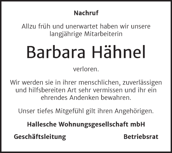 Traueranzeige von Barbara Hähnel von Mitteldeutsche Zeitung Halle/Saalkreis