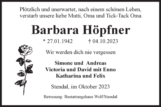 Traueranzeige von Barbara Höpfner von Volksstimme Altmark Ost