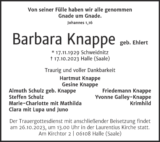Traueranzeige von Barbara Knappe von Mitteldeutsche Zeitung Halle/Saalkreis