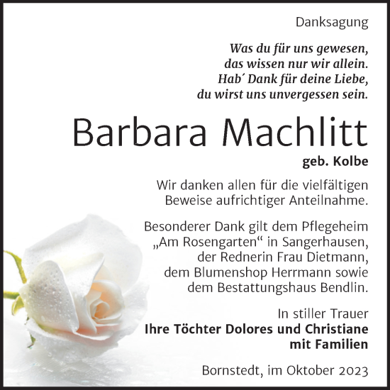 Traueranzeige von Barbara Machlitt von Trauerkombi Sangerhausen