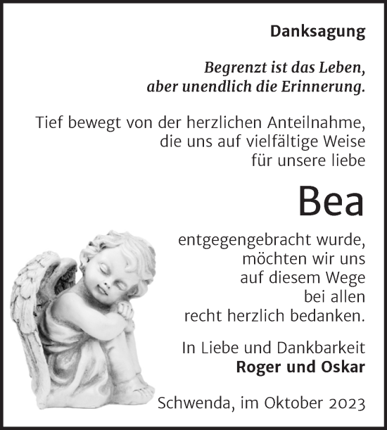 Traueranzeige von Bea  von Trauerkombi Sangerhausen