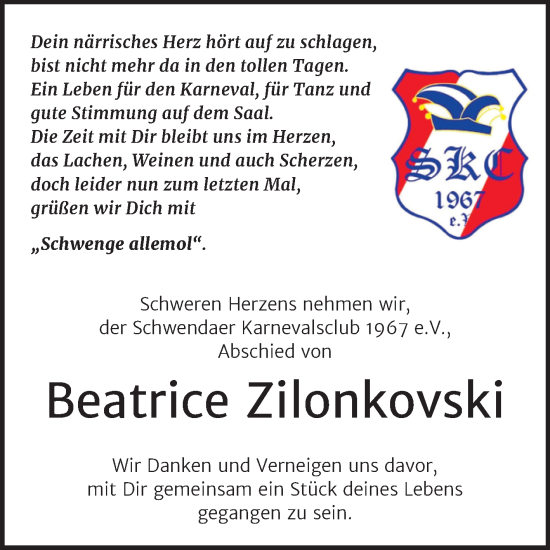 Traueranzeige von Beatrice Zilonkovski von Trauerkombi Sangerhausen
