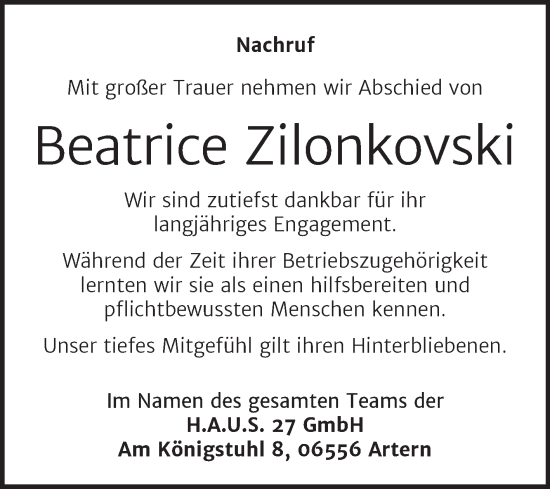 Traueranzeige von Beatrice Zilonkovski von Mitteldeutsche Zeitung Sangerhausen