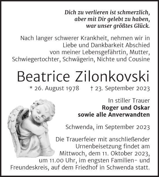 Traueranzeige von Beatrice Zilonkovski von Trauerkombi Sangerhausen