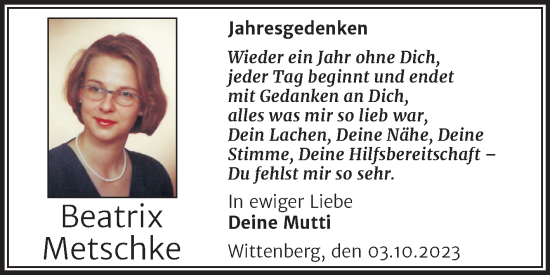 Traueranzeige von Beatrix Metschke von Trauerkombi Wittenberg