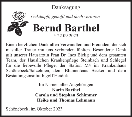 Traueranzeige von Bernd Barthel von Volksstimme Schönebeck